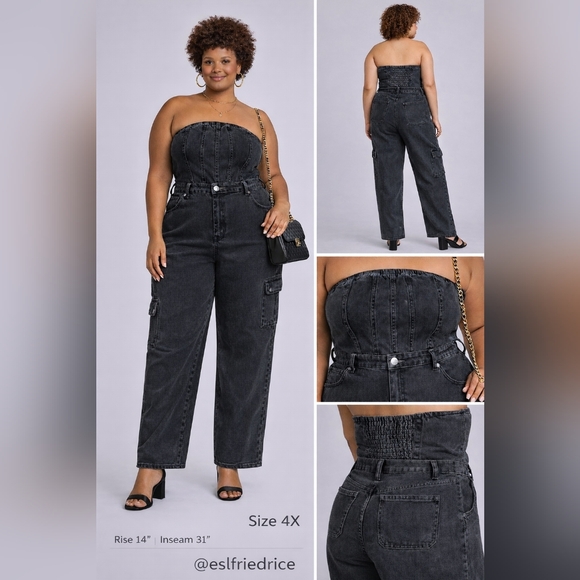wild fable Pants - Wild Fable 4X Black Denim Strapless Tube Cargo Jumpsuit Wide Leg Plus Size NWT